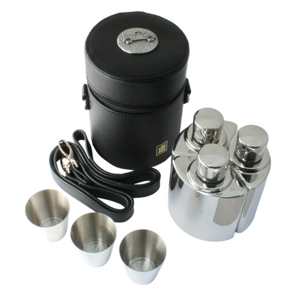 Set of 3 Hip Flask in Black Carry Case With Shot Cups