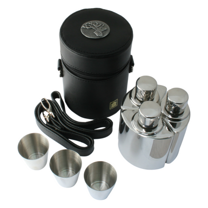 Set of 3 Hip Flask in Black Carry Case With Shot Cups