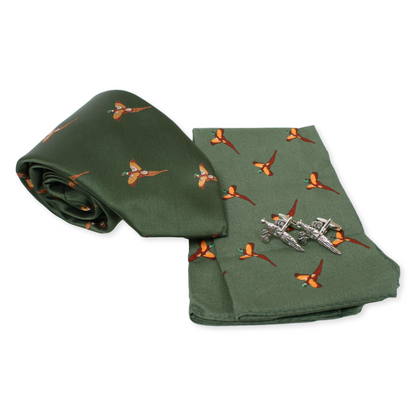Green tie and pocket square with pheasant pattern, accompanied by silver cufflinks on a white background