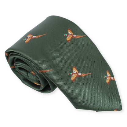 Green tie with pheasant pattern on a white background