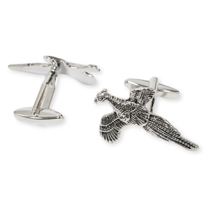 Silver pheasant cufflinks on a white background
