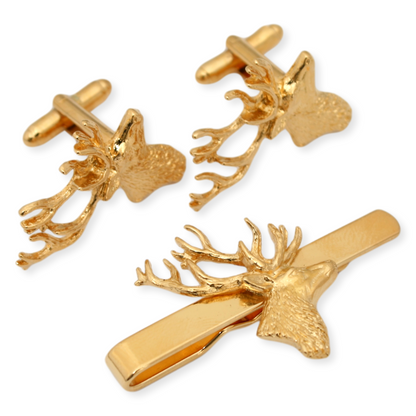 Stag Head Gold Plated Cufflinks and Tie Slide Set