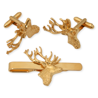 Stag Head Gold Plated Cufflinks and Tie Slide Set