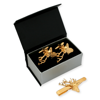 Stag Head Gold Plated Cufflinks and Tie Slide Set