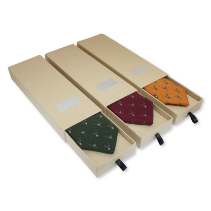 Personalised Silk Stag Tie Gift Boxed Burgundy, Mustard Or Green Background