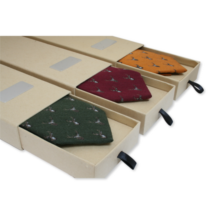 Personalised Silk Stag Tie Gift Boxed Burgundy, Mustard Or Green Background