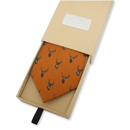 Personalised Silk Stag Tie Gift Boxed Burgundy, Mustard Or Green Background