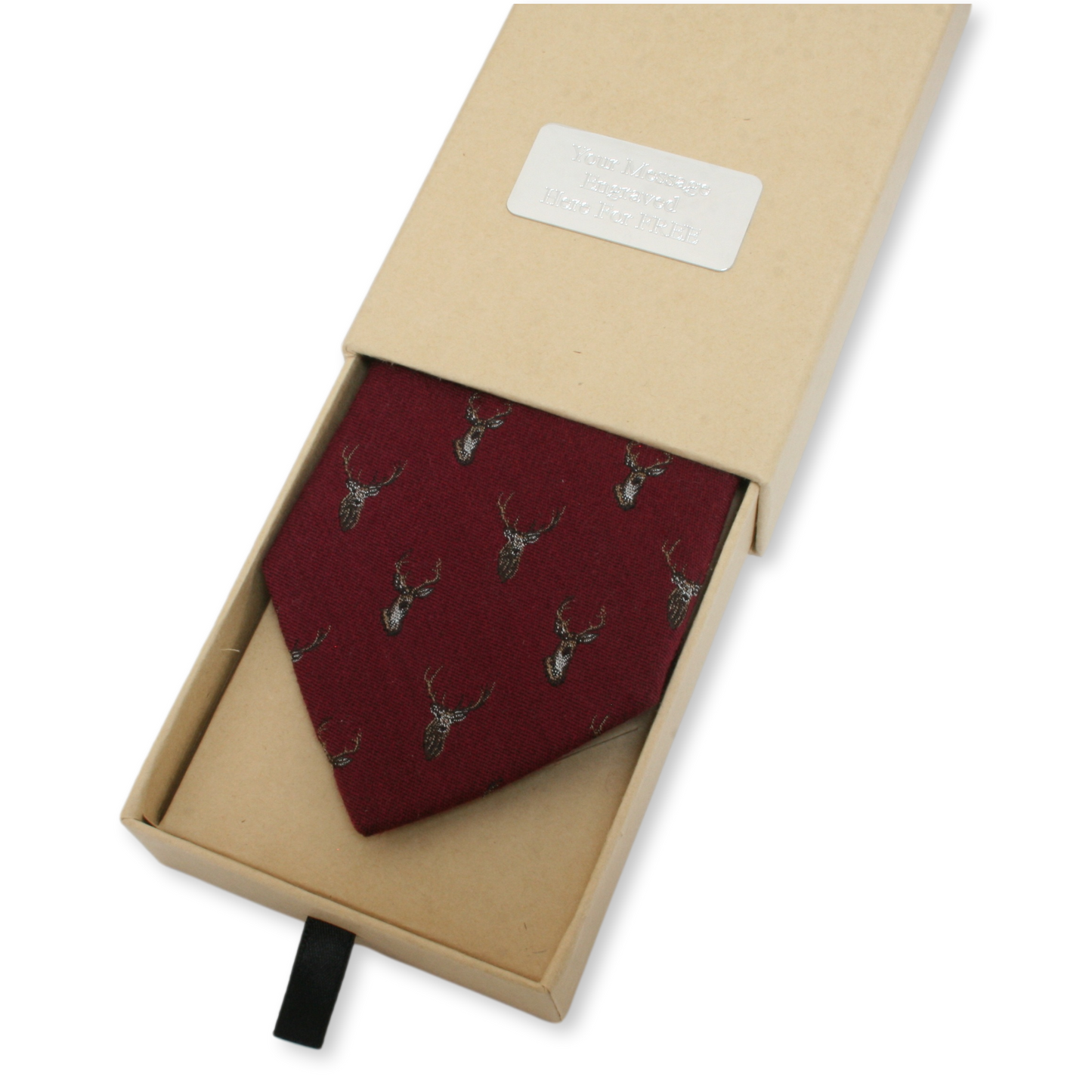 Personalised Silk Stag Tie Gift Boxed - Burgundy, Mustard Or Green Background