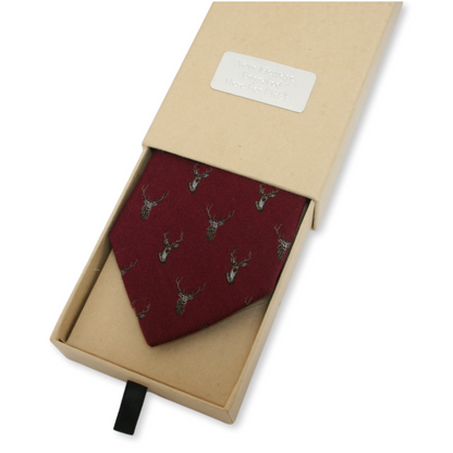 Personalised Silk Stag Tie Gift Boxed Burgundy, Mustard Or Green Background