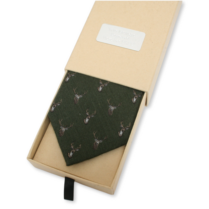 Personalised Silk Stag Tie Gift Boxed Burgundy, Mustard Or Green Background