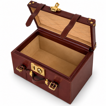 A brown leather storage case with gold-tone hardware, shown open to reveal a tan interior lining, photographed on a clean white background.