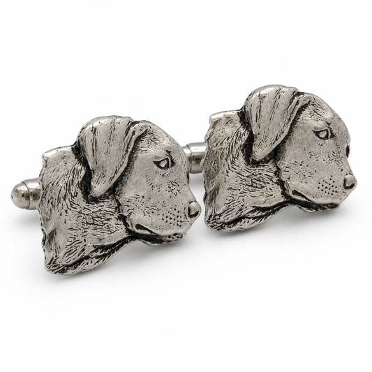 Pewter Labrador head cufflinks on a plain white background
