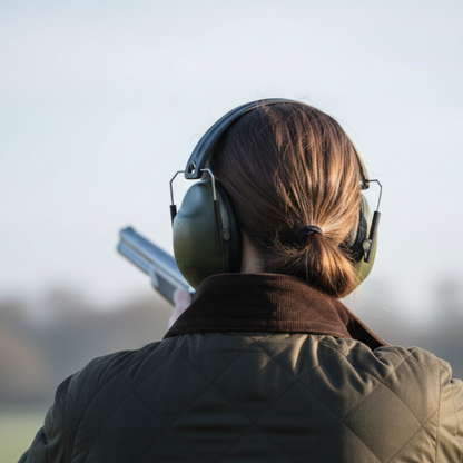 Person wearing ear protection and holding a shotgun in an open field