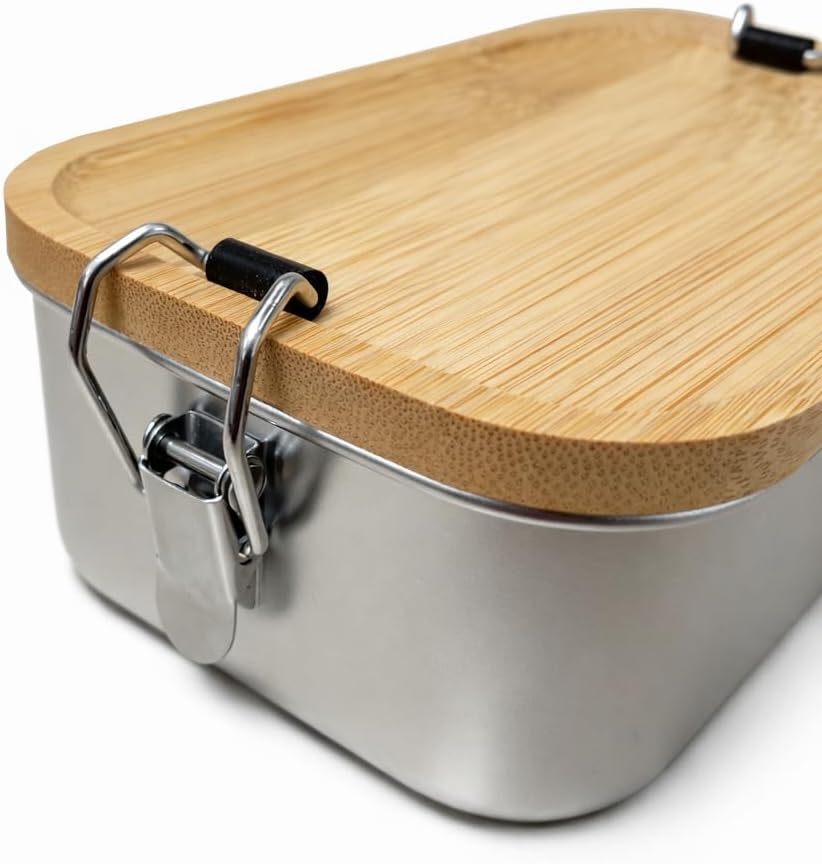 Steel lunch box with bamboo lid and clips