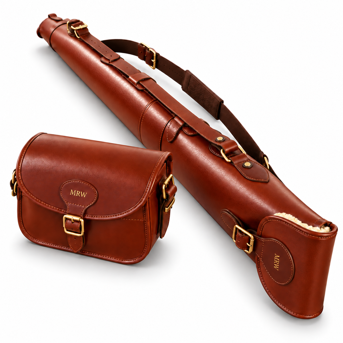 A brown leather rifle case and matching shoulder bag with gold-tone hardware, shown on a clean white background. The case is long and cylindrical with a shoulder strap, and the bag has a flap closure with a monogrammed 'MRW' patch.