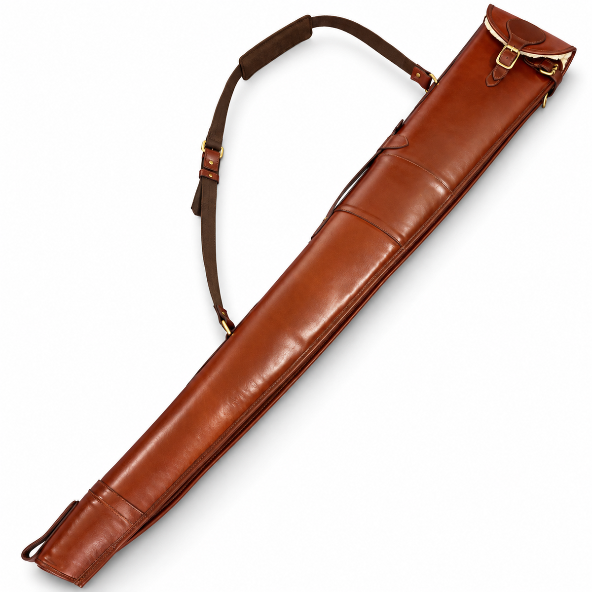 A long brown leather gun carrying case with a shoulder strap and buckle closure, photographed on a clean white background.
