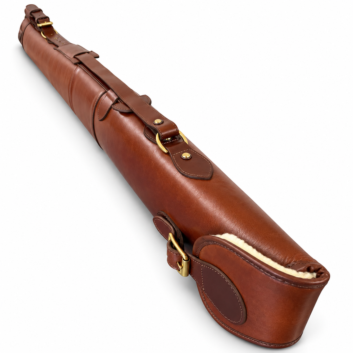 A brown leather rifle case with brass buckles and a cream-colored shearling lining, shown diagonally on a white background.