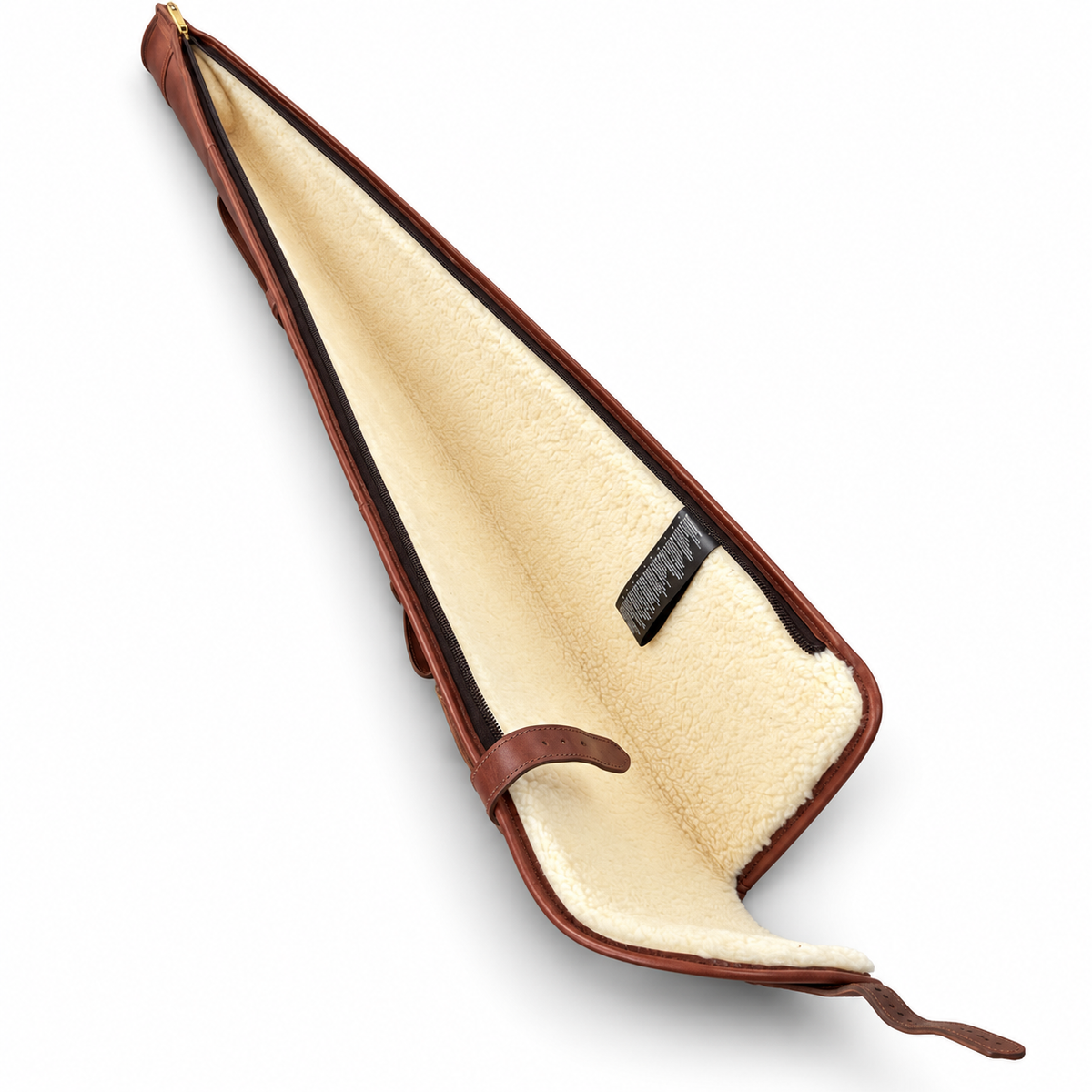 Inside of a leather gun slip case, with sherpa lining, pictured on clean white background