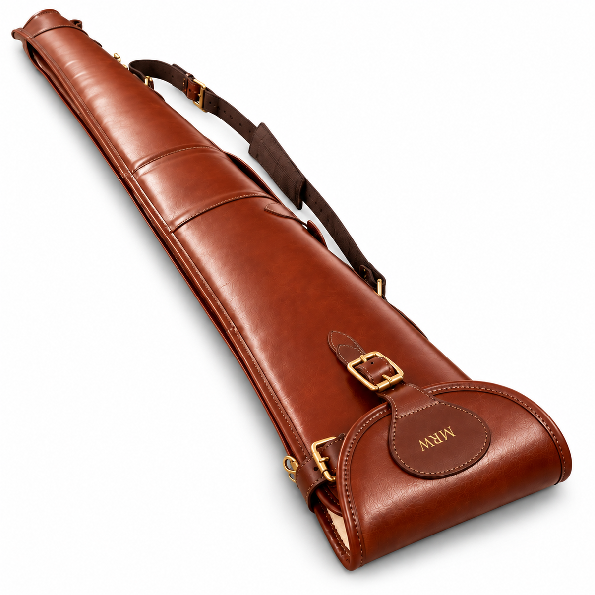 A long brown leather gun case with a shoulder strap and gold-tone hardware, photographed on a clean white background. The front flap is stitched and features a round leather patch with the monogram 'MRW'.
