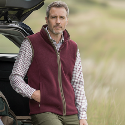 Man wearing a maroon Jack Pyke gillet over a checkered shirt in an outdoor setting.