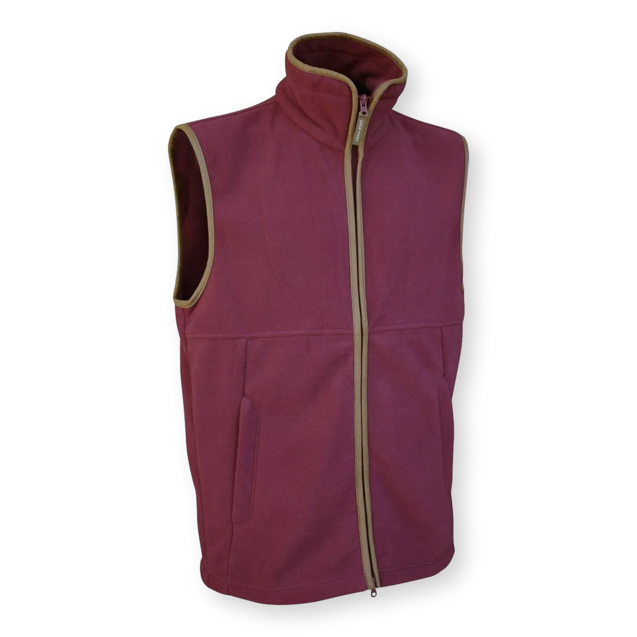Maroon Jack Pyke gillet with a zipper on a white background