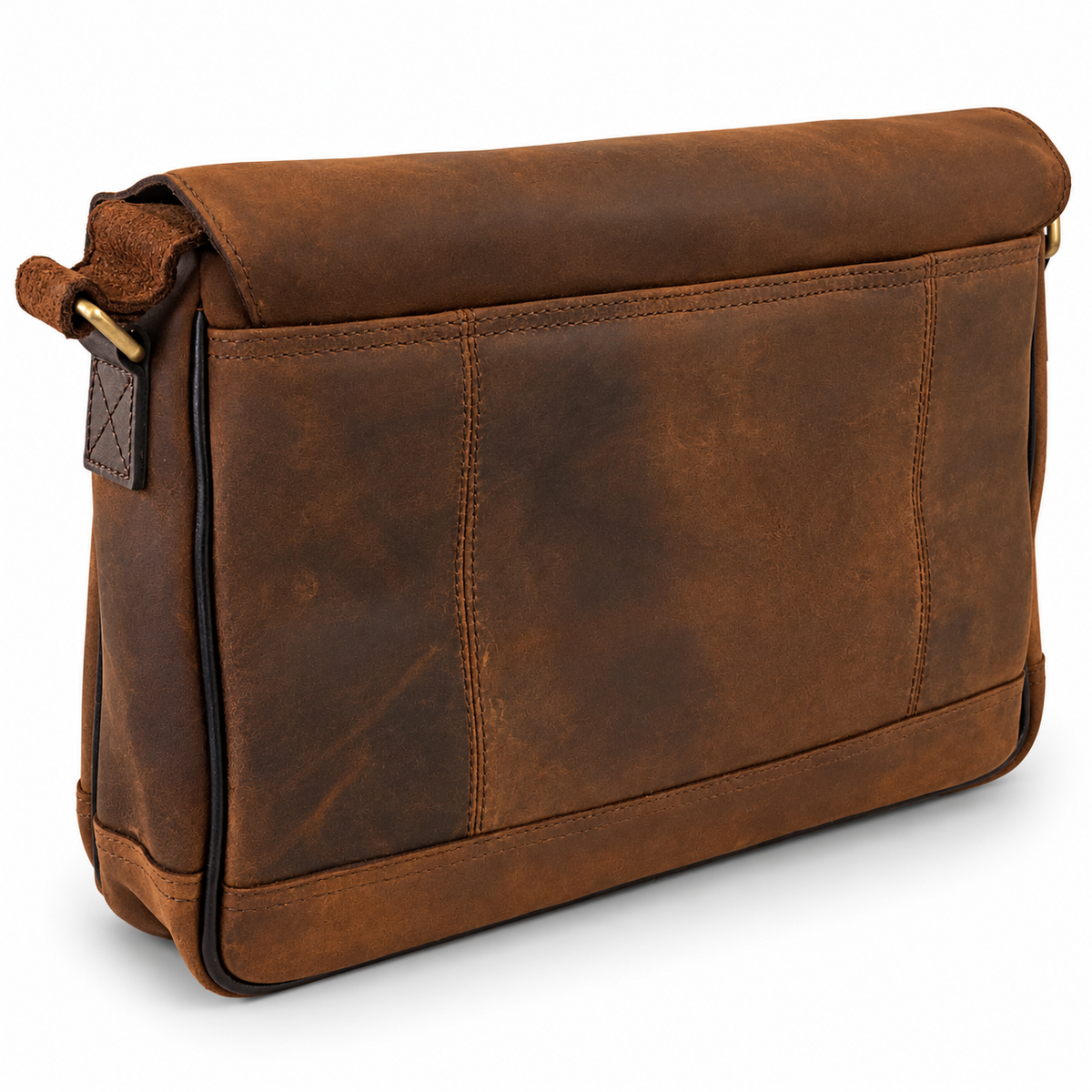A brown distressed leather messenger bag with a flap closure, shown from a three-quarter angle on a white background.