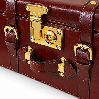 A close-up of a brown leather travel trunk or briefcase with gold-tone metal hardware, including a lock, clasp, and buckles, on a white background.