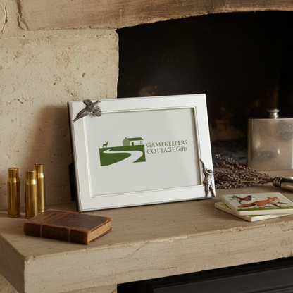 Framed picture with 'Gamekeepers Cottage Gifts' logo on a fireplace mantle.