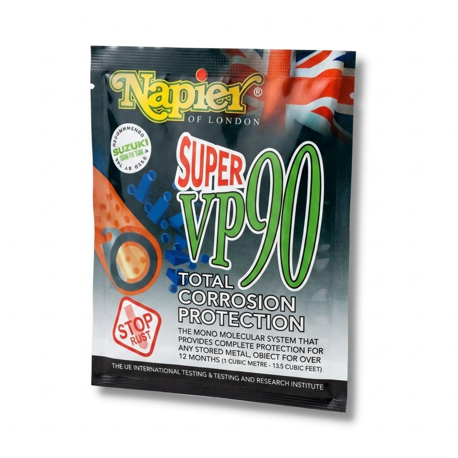 A single sachet of Napier of London Super VP90 Total Corrosion Protection, featuring a dark blue and black background with red, green, and white text, and a Union Jack flag graphic.