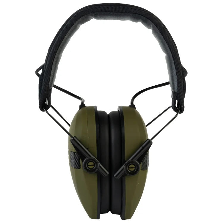 Green and black ear protection headphones on a white background