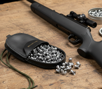 Black airgun with a container of pellets on a wooden surface