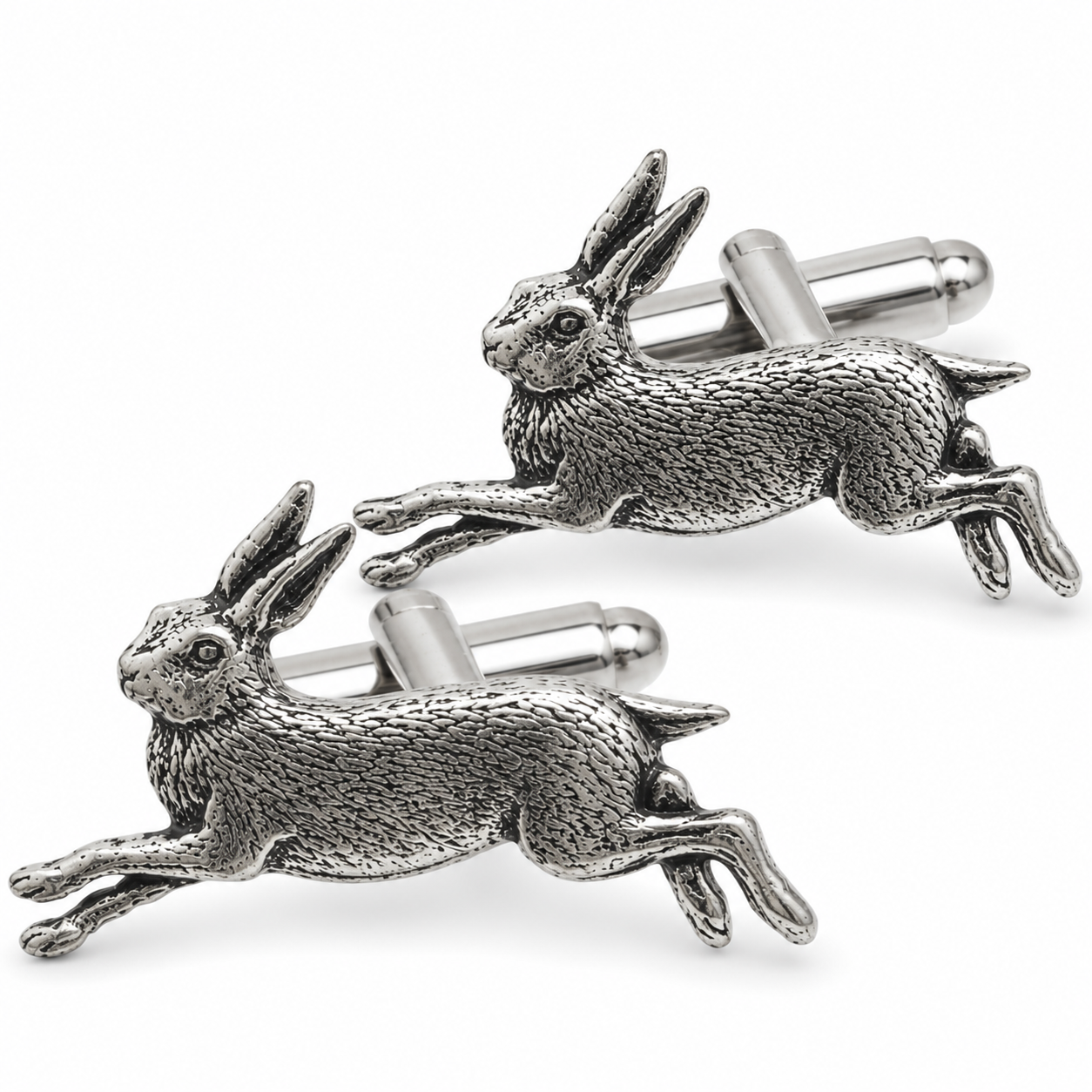 A pair of pewter cufflinks shaped like leaping hares, shown on a clean white background.