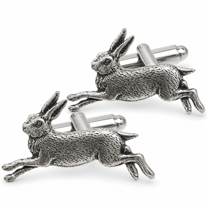 A pair of pewter cufflinks shaped like leaping hares, shown on a clean white background.