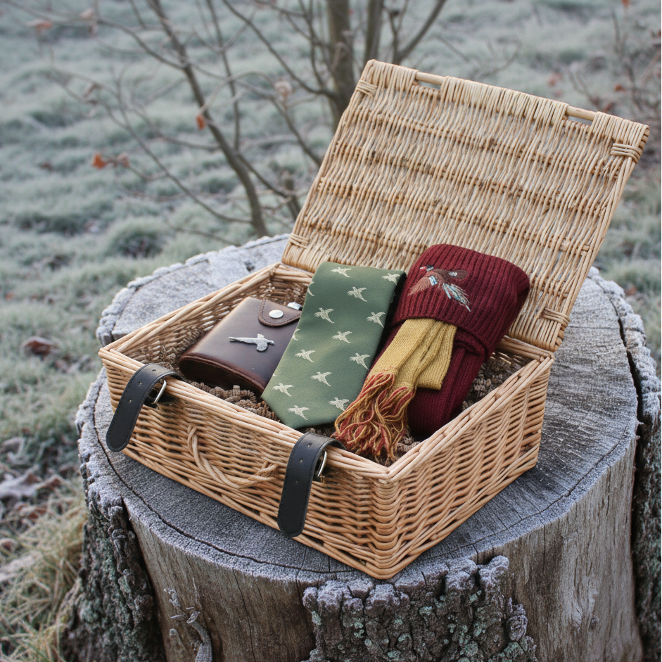 Wicker picnic basket with shooting items on a frosty tree stump outdoors