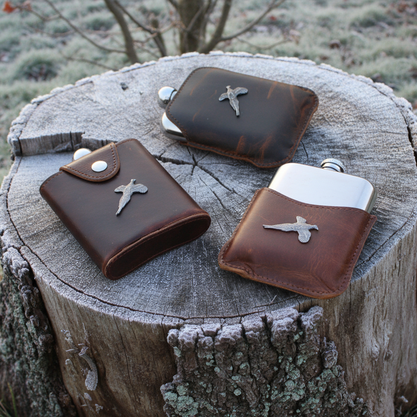 Three leather flasks on a wooden stump with a frosty ground background