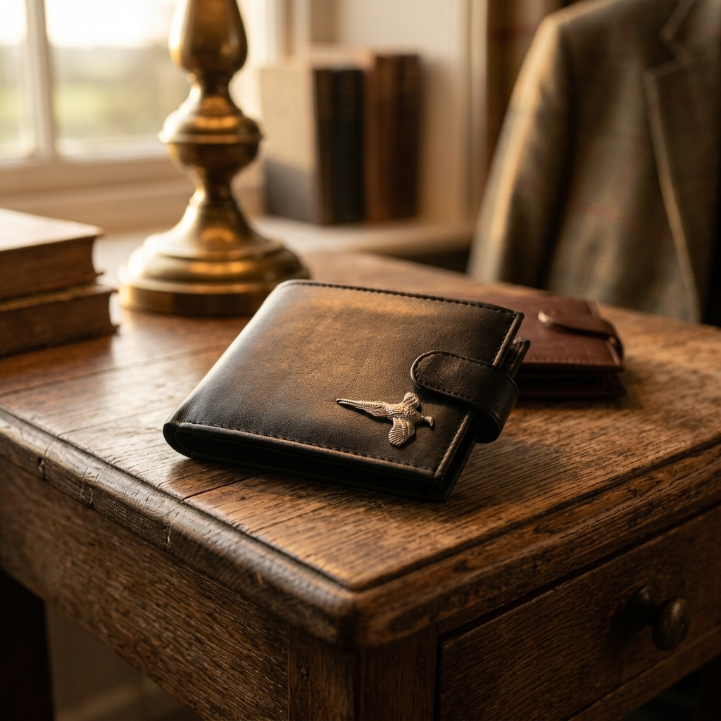 Black pheasant leather wallet on a wooden surface