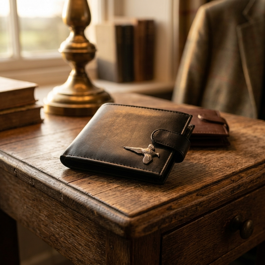 Black pheasant leather wallet on a wooden surface