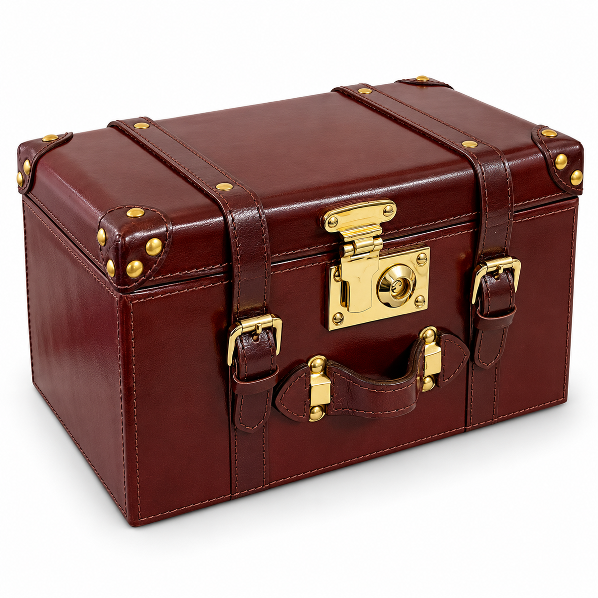 A vintage-style brown leather storage trunk with gold-tone metal hardware, shown on a clean white background.