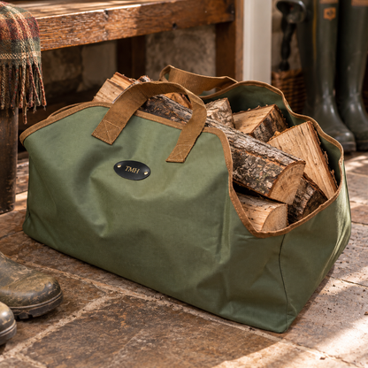 Personalised Canvas Log Carrier Bag In Olive Green