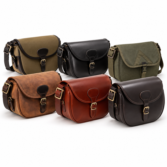 Six various cartridge bags in different colours (olive green, black, brown, reddish-brown, and dark charcoal) arranged on a clean white background.