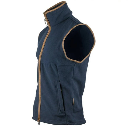 Side Of Navy Jack Pyke Gilet with a gold trim on a white background