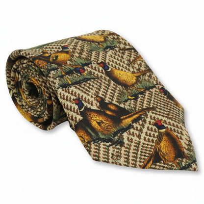Luxury Brown Tweed Pheasants Tie Check Pattern Shoot Day Tie