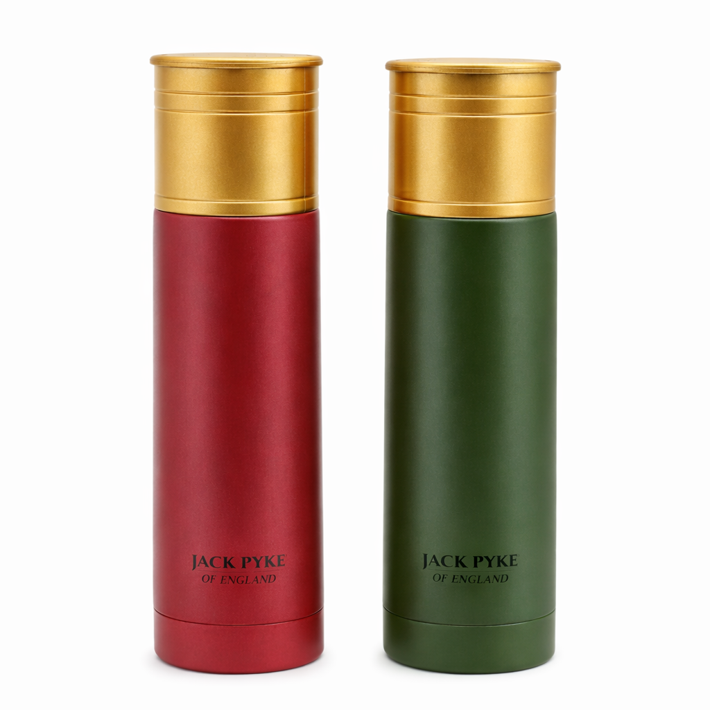 Two thermos bottles, one red and one green, with gold caps on a white background. Brand 'Jack Pyke' is visible.
