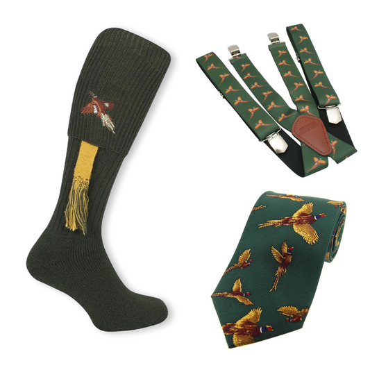 Pheasant Shooting Braces, Tie & Socks Green Set