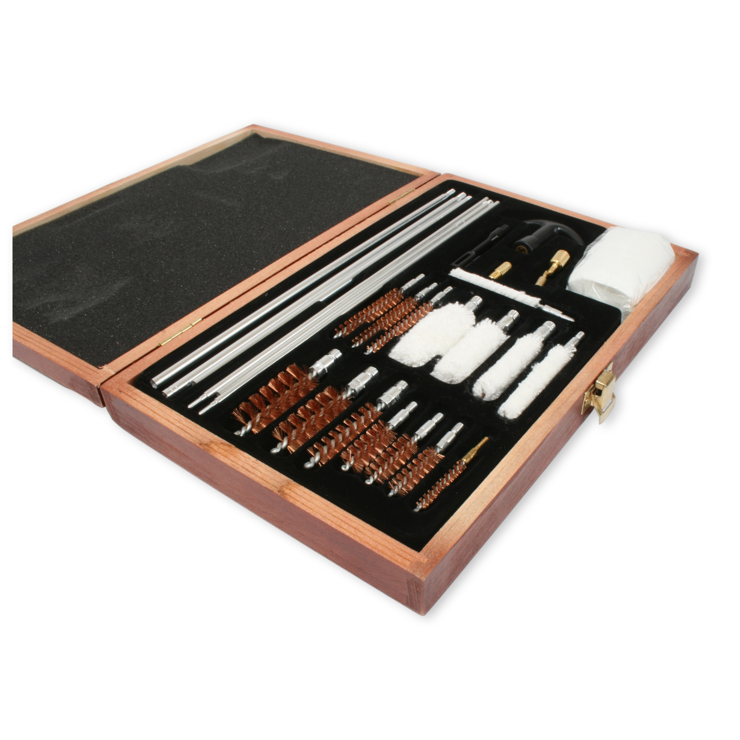 Wooden Gun Cleaning Kit Open, white background
