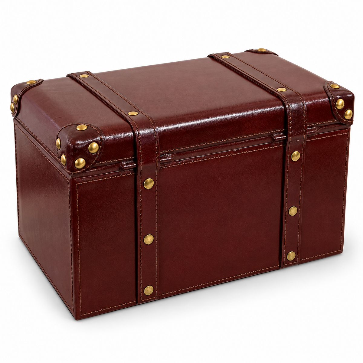 A dark reddish-brown leather storage trunk with gold-tone metal rivets and corner protectors, shown on a plain white background.