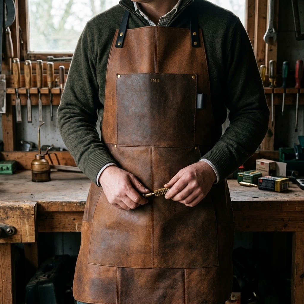 A person wearing a dark green long-sleeve shirt and a brown leather apron with black straps, standing in a rustic workshop with tools on a wooden workbench.