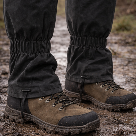 Close-up of brown hiking boots and black gaiters on a muddy ground.