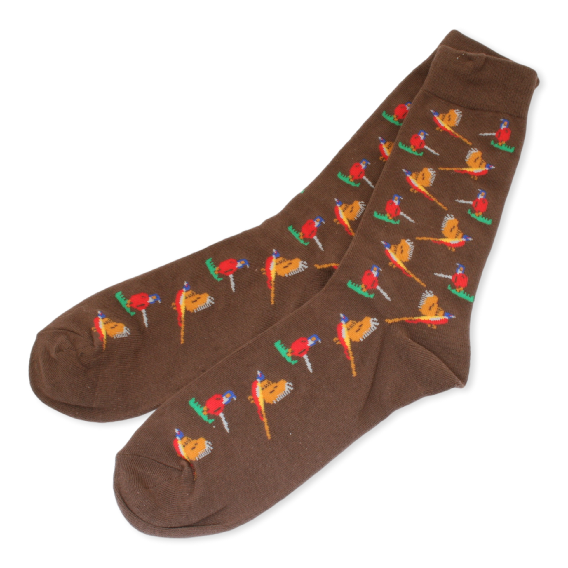 A pair of brown crew socks featuring a repeating pattern of colorful pheasant birds on crossed arrows, displayed against a plain white background.