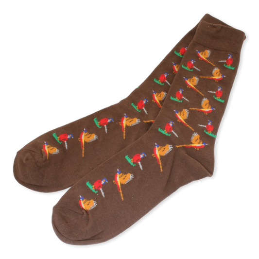A pair of brown crew socks featuring a repeating pattern of colorful pheasant birds on crossed arrows, displayed against a plain white background.
